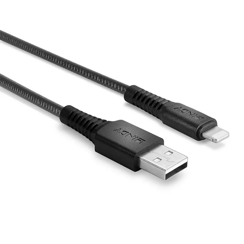 Lindy 2m sustiprintas USB Type A – Lightning įkrovimo ir sinchronizavimo kabelis