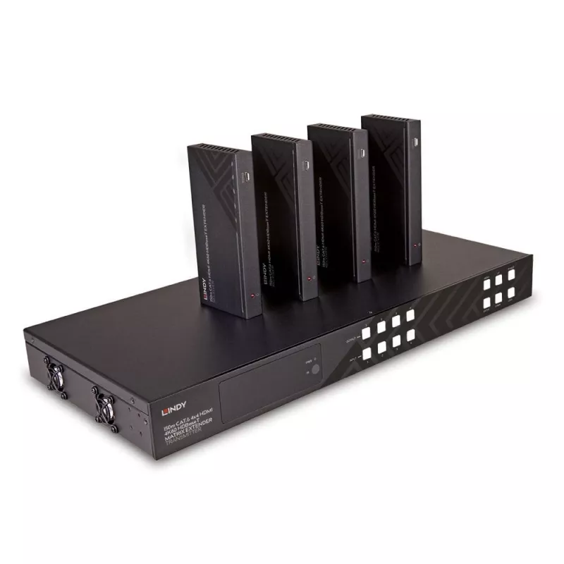 Lindy 150m Cat.6 4x4 HDMI 4K60 HDBaseT Matricos Prailgintuvas, 3840 x 2160 pikselių, AV siųstuvas ir imtuvas, 150 m, Laidinis, Juodas, HDCP