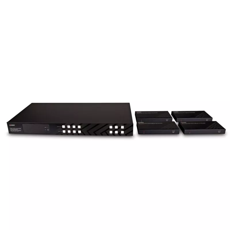 Lindy 150m Cat.6 4x4 HDMI 4K60 HDBaseT Matricos Prailgintuvas, 3840 x 2160 pikselių, AV siųstuvas ir imtuvas, 150 m, Laidinis, Juodas, HDCP
