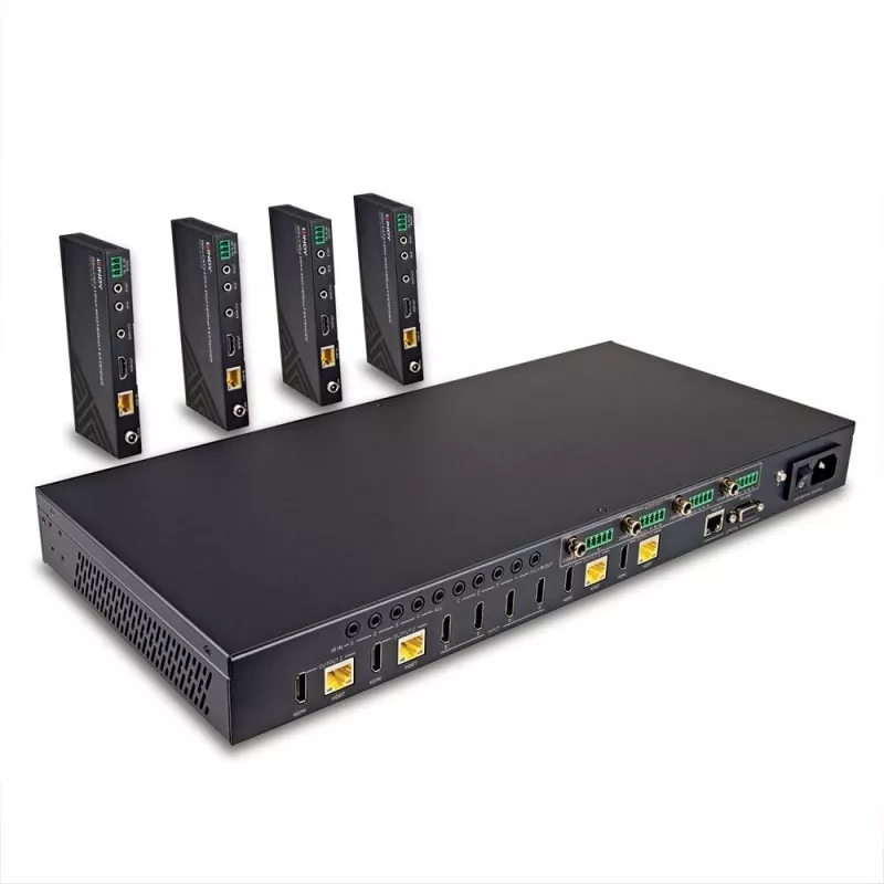Lindy 150m Cat.6 4x4 HDMI 4K60 HDBaseT Matricos Prailgintuvas, 3840 x 2160 pikselių, AV siųstuvas ir imtuvas, 150 m, Laidinis, Juodas, HDCP