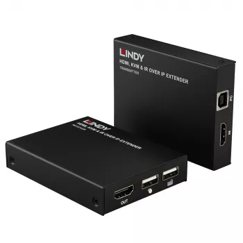 Lindy HDMI, KVM ir IR per IP plėtiklis, siųstuvas ir imtuvas, laidinis, 150 m, Cat5e, Cat6, juodas, metalinis