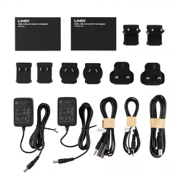 Lindy HDMI, KVM ir IR per IP plėtiklis, siųstuvas ir imtuvas, laidinis, 150 m, Cat5e, Cat6, juodas, metalinis