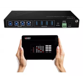 Lindy 4x4 USB 3.2 Gen 1 matricos jungiklis, 5 Gbit/s, juodas, metalinis, sukamasis, CE, FCC, RoHS ir REACH, USB Type-A, USB Type-B