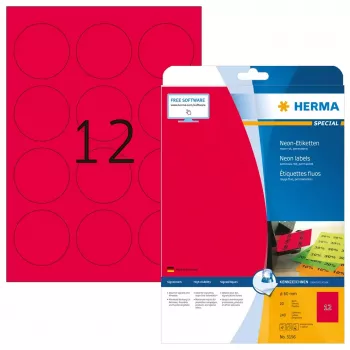 Lipnių etikečių rinkinys HERMA Neon A4 Ø 60 mm apvalios švytinčios raudonos
