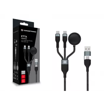 USB A į 2× USB-C 3-in-1 greitojo įkrovimo ir duomenų kabelis Conceptronic ETTA08B15 — 1,5 m, USB 2.0, 5 A, Apple Watch įkroviklis, 100 W E-Mark