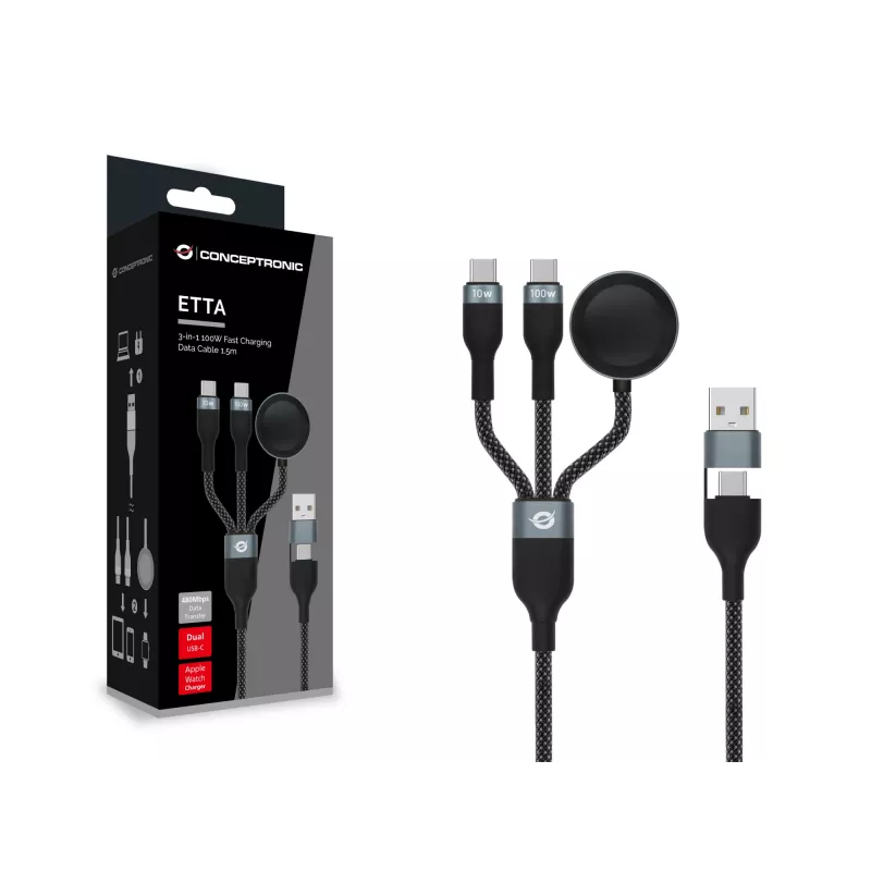 USB A į 2× USB-C 3-in-1 greitojo įkrovimo ir duomenų kabelis Conceptronic ETTA08B15 — 1,5 m, USB 2.0, 5 A, Apple Watch įkroviklis, 100 W E-Mark