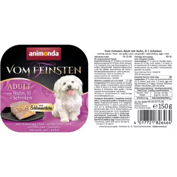 Šlapias šunų maistas animonda Vom Feinsten Gourmet Core – Vištiena, Kiaušinis ir Kumpis, 150 g padėklas, be grūdų, suaugusiems mažų veislių šunims (5–10 kg)