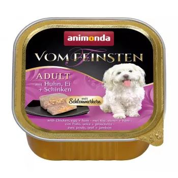 Šlapias šunų maistas animonda Vom Feinsten Gourmet Core – Vištiena, Kiaušinis ir Kumpis, 150 g padėklas, be grūdų, suaugusiems mažų veislių šunims (5–10 kg)