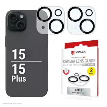 Displex Full Cover Camera Lens Glass iPhone 15/15 Plus, 10H, pilnas fotoaparato apsauginis stiklas, greitas montavimas, 2 vnt. pakuotė