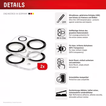 Displex Full Cover Camera Lens Glass iPhone 15/15 Plus, 10H, pilnas fotoaparato apsauginis stiklas, greitas montavimas, 2 vnt. pakuotė