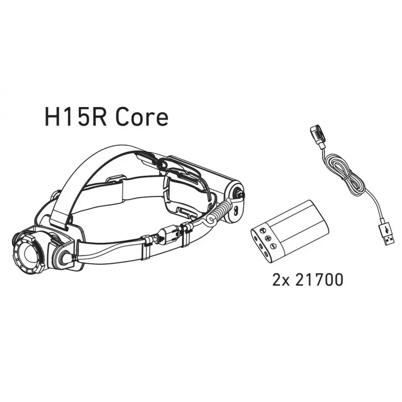 Žibintuvėlis ant galvos Led Lenser H15R Core — LED juostinis žibintas, 2500 lm, 21700 įkraunama baterija, IP67, 250 m spindulys, 4 galios lygiai, aliuminis, juodas