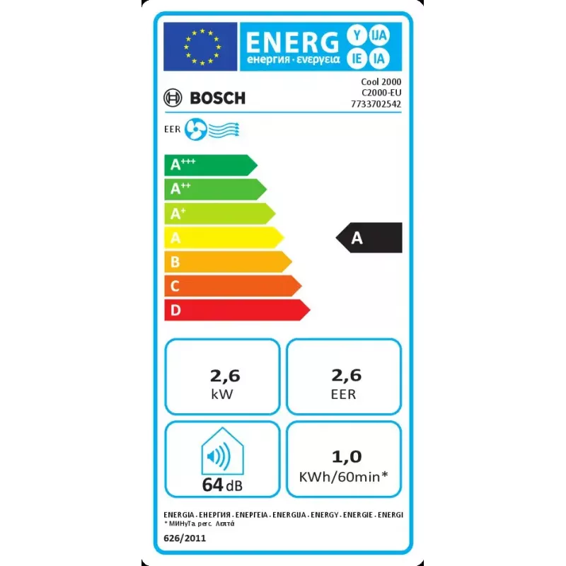 Mobilus kondicionierius Bosch Cool 2000 baltas, A klasė, 1 kWh/h, R290, iki 88 m³