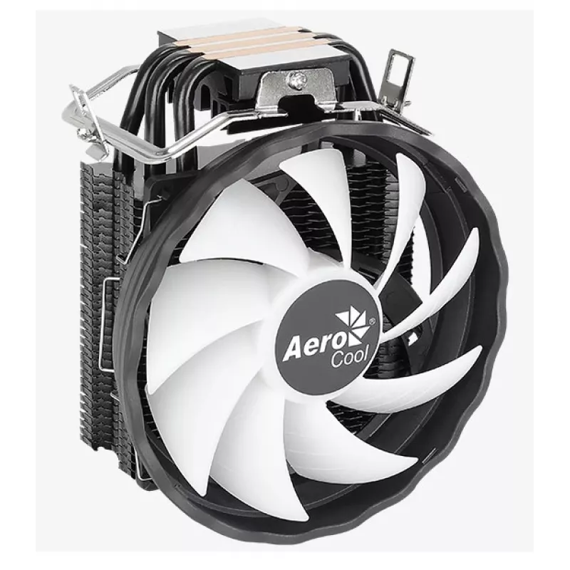 Oro aušintuvas AEROCOOL Rave 3 FRGB 120 mm Juoda Balta — 4 šilumos vamzdeliai, ARGB, hidraulinis guolis, 1800 RPM