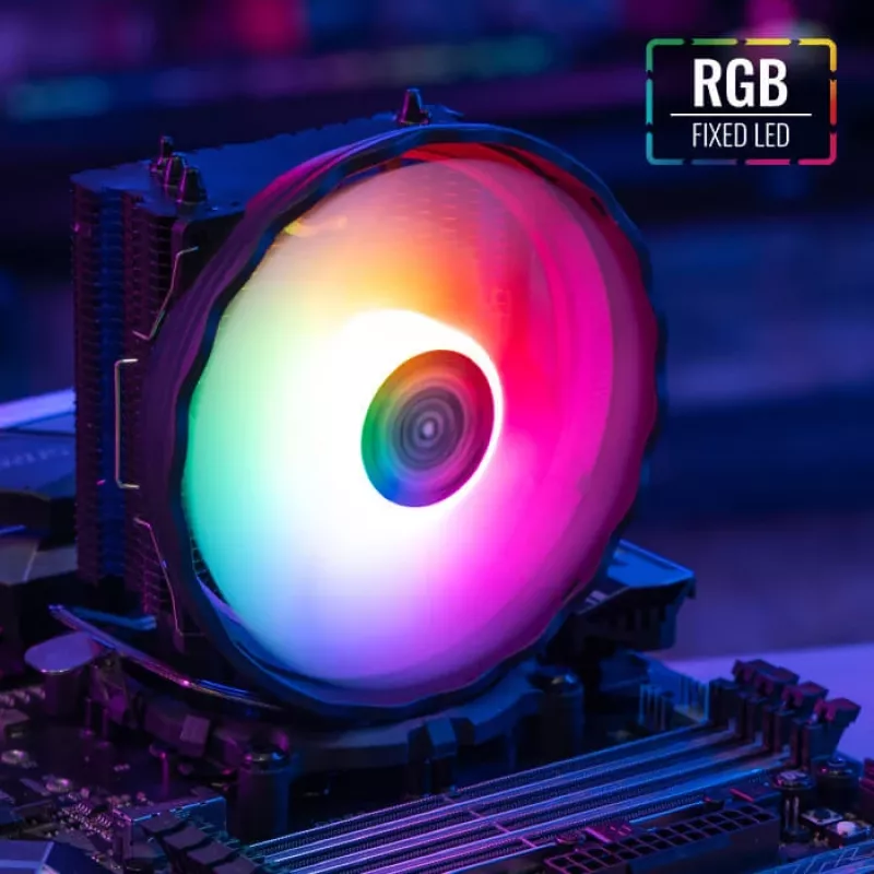 Oro aušintuvas AEROCOOL Rave 3 FRGB 120 mm Juoda Balta — 4 šilumos vamzdeliai, ARGB, hidraulinis guolis, 1800 RPM
