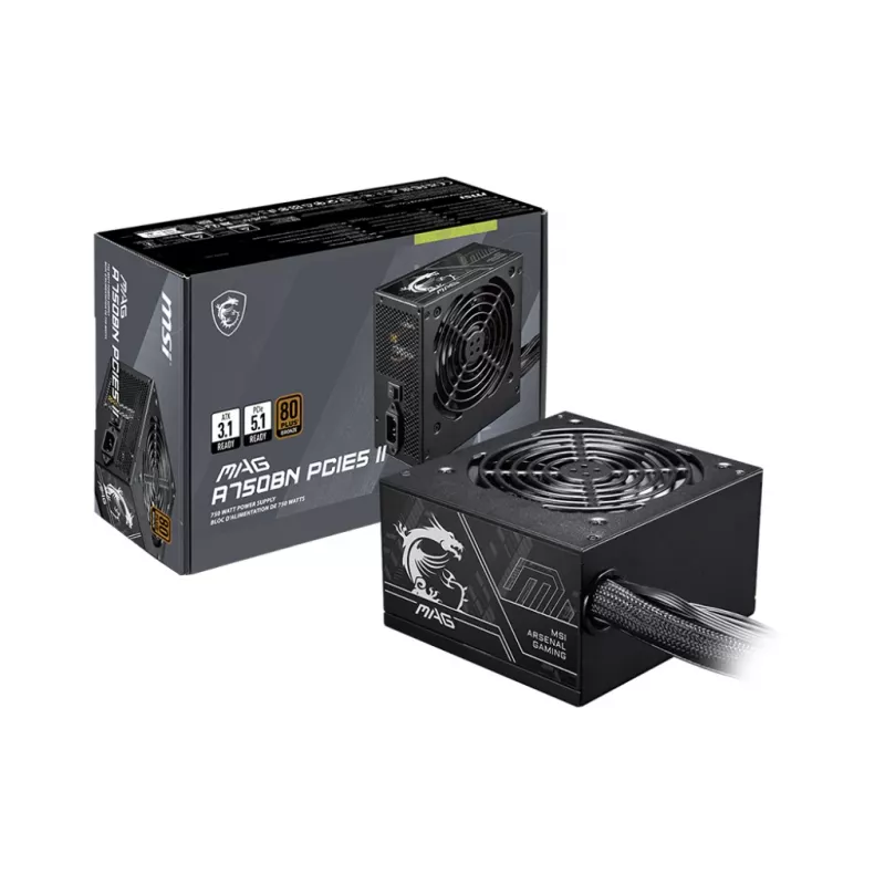 Maitinimo blokas MSI MAG A750BN PCIE5 II 750 W, 24 kontaktų ATX, nemodulinis, 80 PLUS Bronze, 120 mm ventiliatorius, juodas
