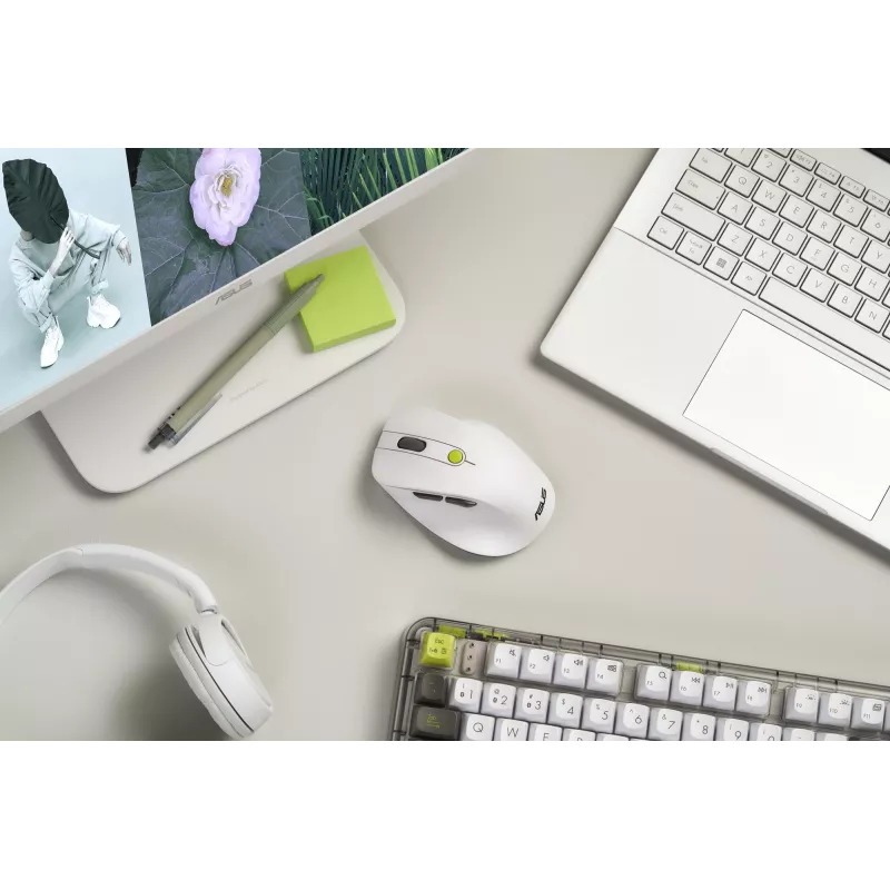 Pelė ASUS MD105 /VT-GN — dešinei rankai RF belaidė + Bluetooth, 2400 DPI, slinkties ratukas, maitinama baterijomis, balta/žalia