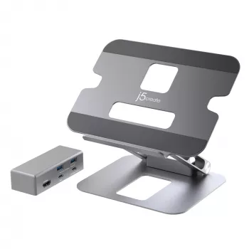 j5create JTS327 Daugiakampis 4K Docking stovas nešiojamam kompiuteriui, pilka, aliuminis, 40,6 cm (16 colių), 4 kg, Windows / Mac