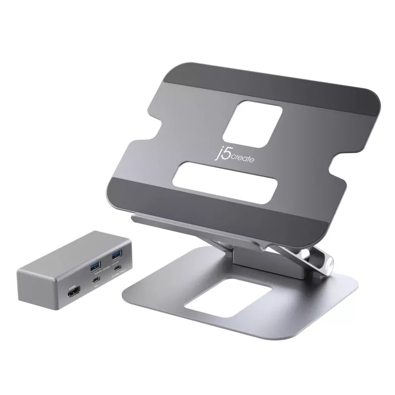 j5create JTS327 Daugiakampis 4K Docking stovas nešiojamam kompiuteriui, pilka, aliuminis, 40,6 cm (16 colių), 4 kg, Windows / Mac