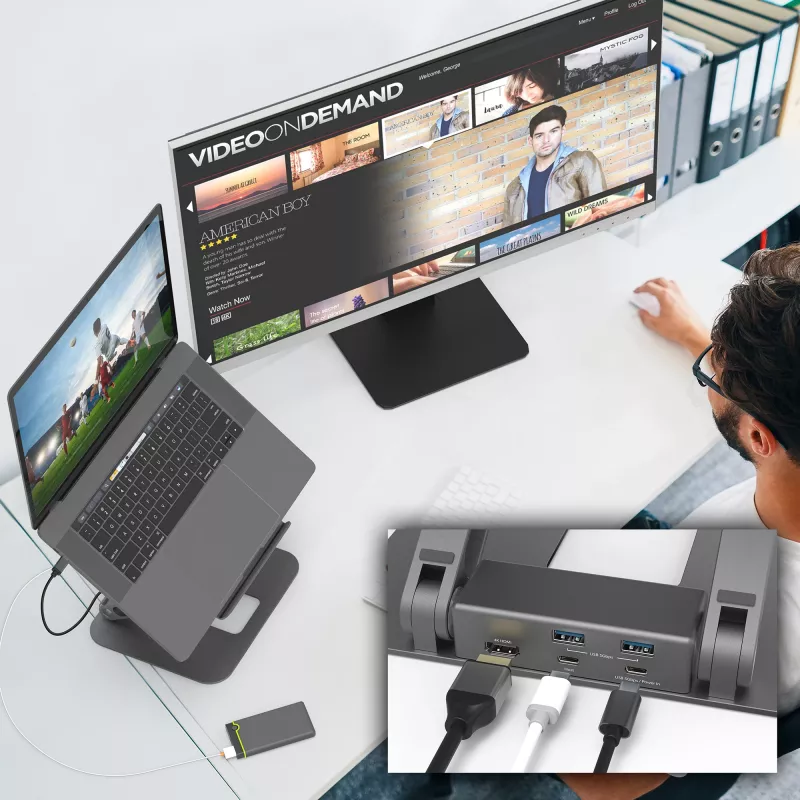 j5create JTS327 Daugiakampis 4K Docking stovas nešiojamam kompiuteriui, pilka, aliuminis, 40,6 cm (16 colių), 4 kg, Windows / Mac