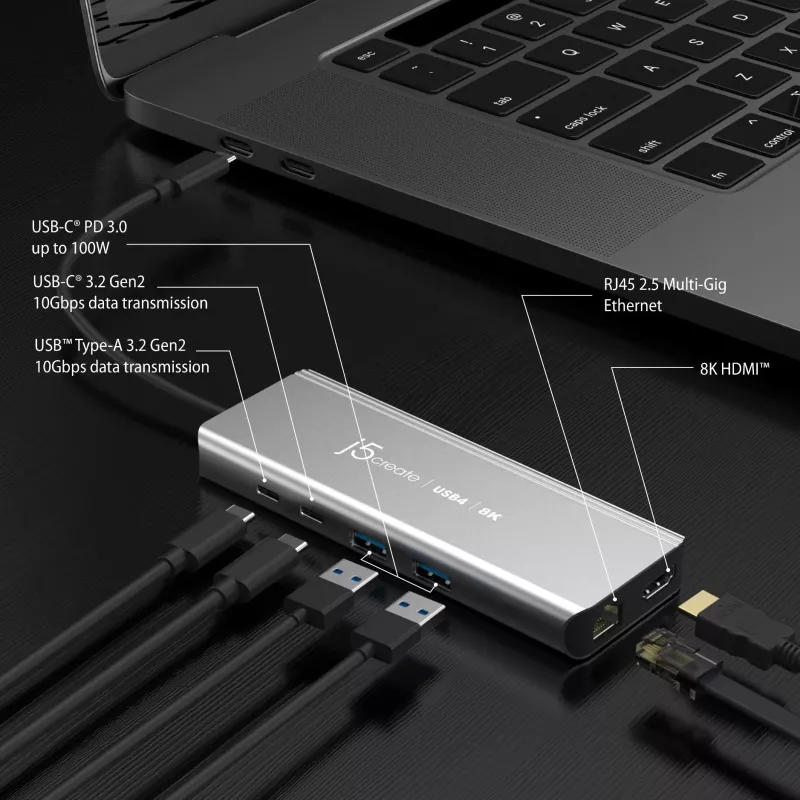 j5create JCD403 USB4 8K kelių prievadų stotelė USB Type-C HDMI RJ-45