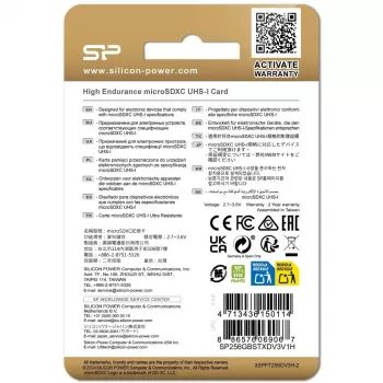 MicroSDXC atminties kortelė Silicon Power SP256GBSTXDV3V1HSP 256 GB Class 10 High Endurance, 3.6 V, 0–70°C