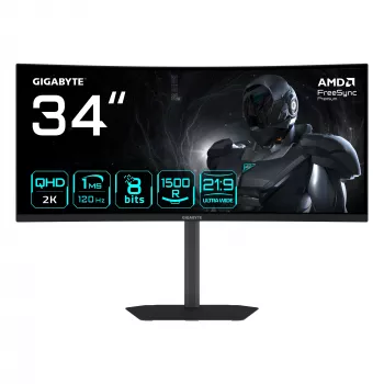 GIGABYTE GS34WQCA 34 colių WQHD lenktas žaidimų monitorius - 3440 x 1440, 1500R, 120Hz, 1ms, 300 cd/m², FreeSync Premium, HDR Ready, HDMI 2.0, DisplayPort 1.4