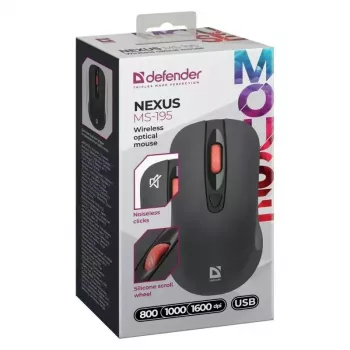 Belaidė RF tyli optinė pelė DEFENDER Nexus MS-195 — 1600 DPI, 2,4 GHz, Nano USB, abirankė, 2×AAA, juoda