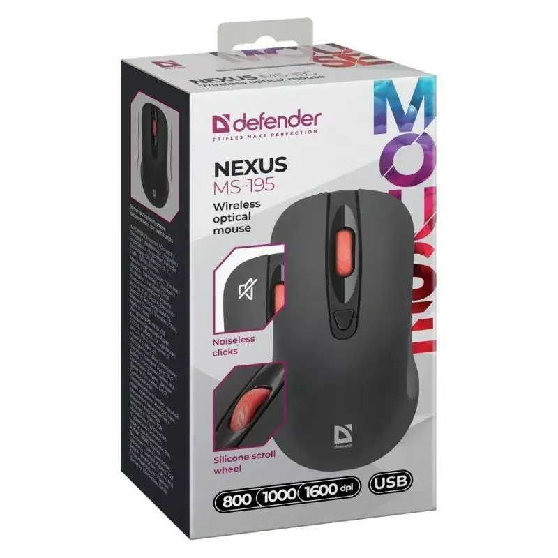Belaidė RF tyli optinė pelė DEFENDER Nexus MS-195 — 1600 DPI, 2,4 GHz, Nano USB, abirankė, 2×AAA, juoda