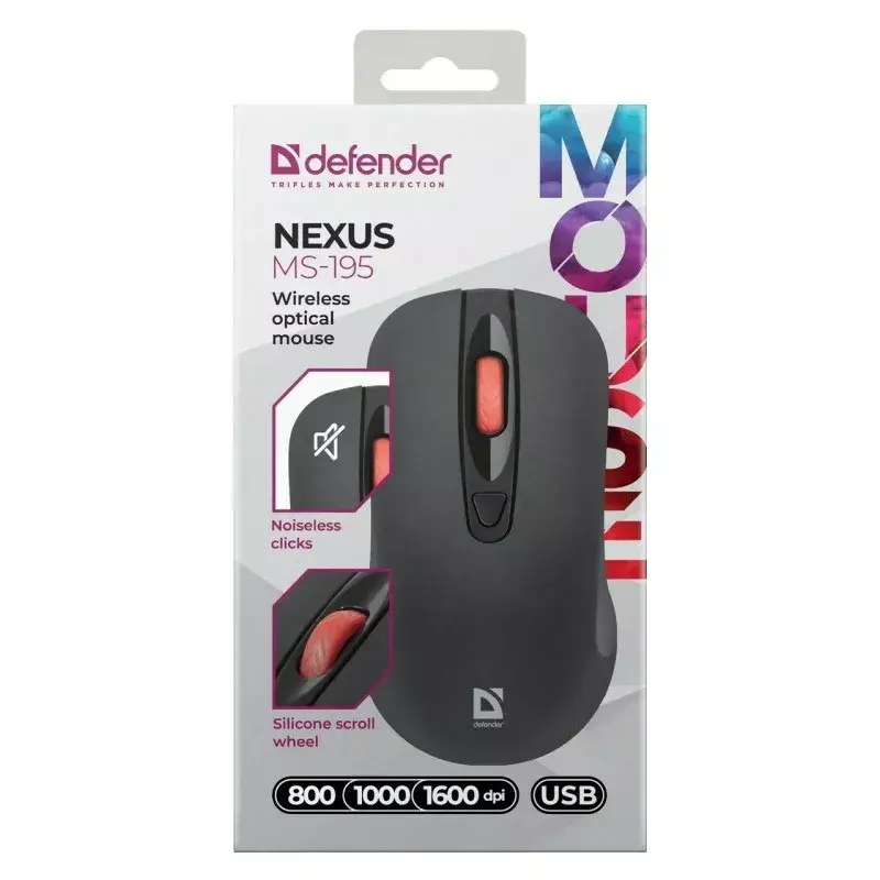 Belaidė RF tyli optinė pelė DEFENDER Nexus MS-195 — 1600 DPI, 2,4 GHz, Nano USB, abirankė, 2×AAA, juoda