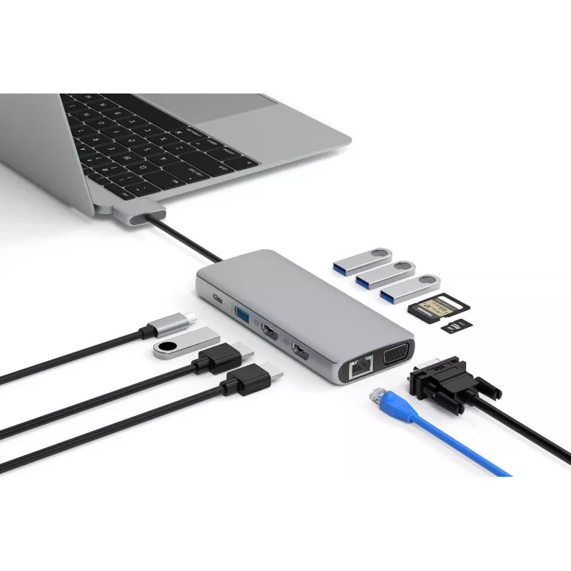 eSTUFF ES623010 12-in-1 USB-C centrinė stotelė USB 3.2 Gen 1 (3.1 Gen 1) Type-C 5000 Mbit/s aliuminis
