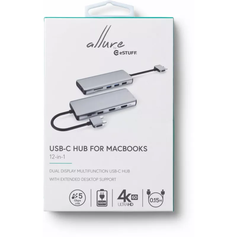 eSTUFF ES623010 12-in-1 USB-C centrinė stotelė USB 3.2 Gen 1 (3.1 Gen 1) Type-C 5000 Mbit/s aliuminis