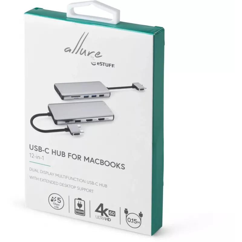eSTUFF ES623010 12-in-1 USB-C centrinė stotelė USB 3.2 Gen 1 (3.1 Gen 1) Type-C 5000 Mbit/s aliuminis