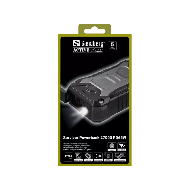Sandberg Survivor Powerbank 27000 PD65W, 27000 mAh, Power Delivery, Quick Charge 3.0, belaidis įkrovimas, juoda