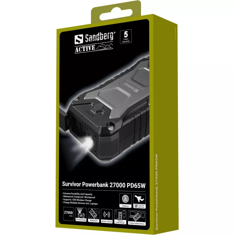 Sandberg Survivor Powerbank 27000 PD65W, 27000 mAh, Power Delivery, Quick Charge 3.0, belaidis įkrovimas, juoda