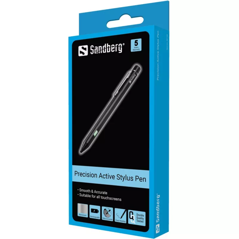 Sandberg Precision Active Stylus – aktyvus pieštukėlis išmaniesiems telefonams ir planšetėms, juodos spalvos, aliuminio ir vario korpusas, įmontuota ličio jonų baterija