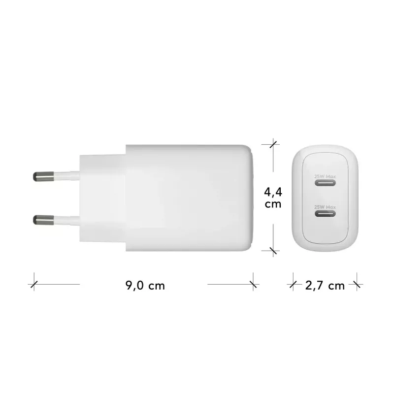 Sieninis įkroviklis d bramante re-charge Pro — 2× USB-C 25W, 110–240V, Baltas