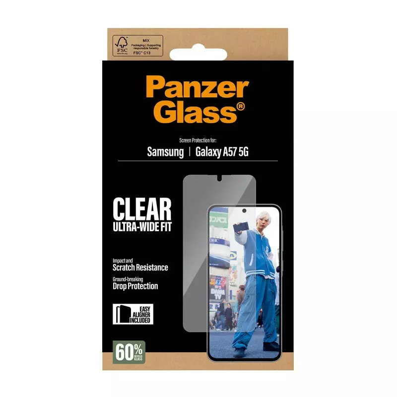 Apsauginis stiklas PanzerGlass Ultra-Wide Fit, Samsung Galaxy A57 5G – skaidrus, atsparus įbrėžimams