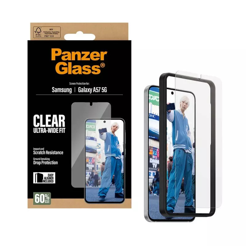 Apsauginis stiklas PanzerGlass Ultra-Wide Fit, Samsung Galaxy A57 5G – skaidrus, atsparus įbrėžimams