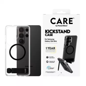 PanzerGlass CARE™ Urban Explorer Dėklas Samsung Galaxy S26 Ultra — Skaidrus dėklas su juodu stovu ir Qi palaikymu