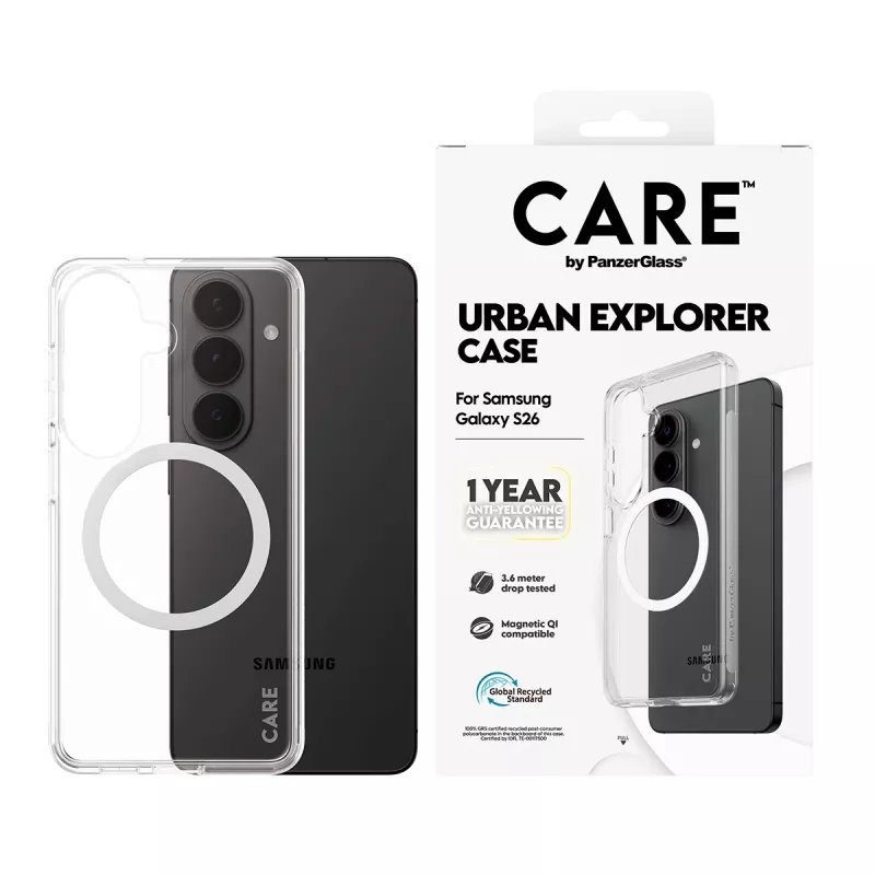 PanzerGlass CARE™ Urban Explorer dėklas Samsung Galaxy S26 — permatomas su Qi belaidžiu įkrovimu