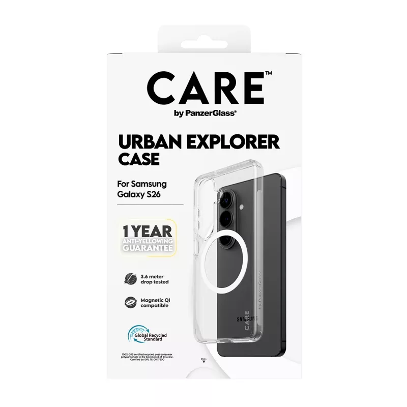 PanzerGlass CARE™ Urban Explorer dėklas Samsung Galaxy S26 — permatomas su Qi belaidžiu įkrovimu
