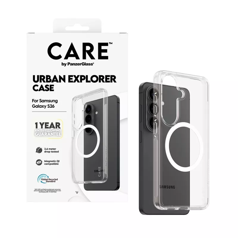 PanzerGlass CARE™ Urban Explorer dėklas Samsung Galaxy S26 — permatomas su Qi belaidžiu įkrovimu