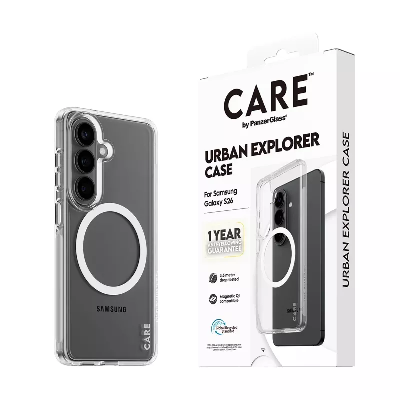 PanzerGlass CARE™ Urban Explorer dėklas Samsung Galaxy S26 — permatomas su Qi belaidžiu įkrovimu