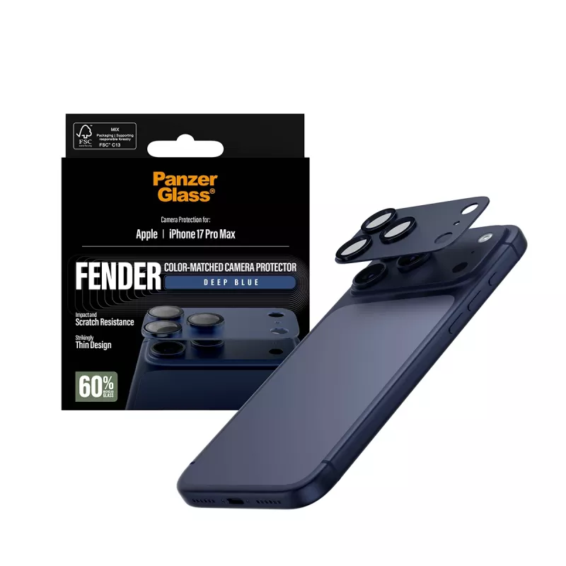 Apsauginis kameros dangtelis PanzerGlass Fender Deep Blue, skirtas iPhone 17 Pro Max, silikoninis, atsparus įbrėžimams ir smūgiams