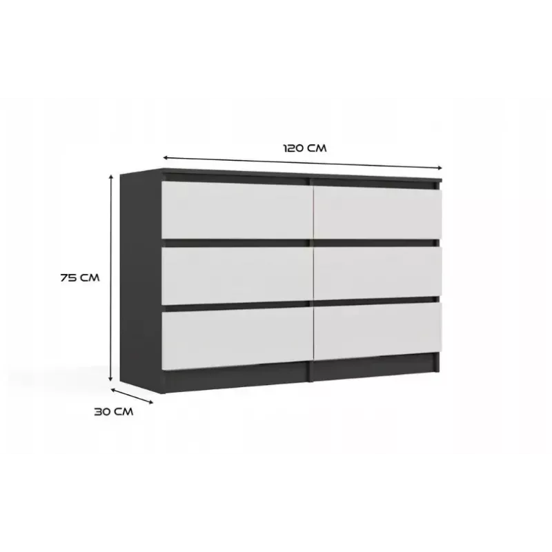 Komoda Top E Shop MALWA M6 120 cm, 6 stalčių, antracitinis korpusas, balti fasadai