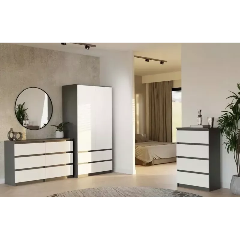 Komoda Top E Shop MALWA M6 120 cm, 6 stalčių, antracitinis korpusas, balti fasadai