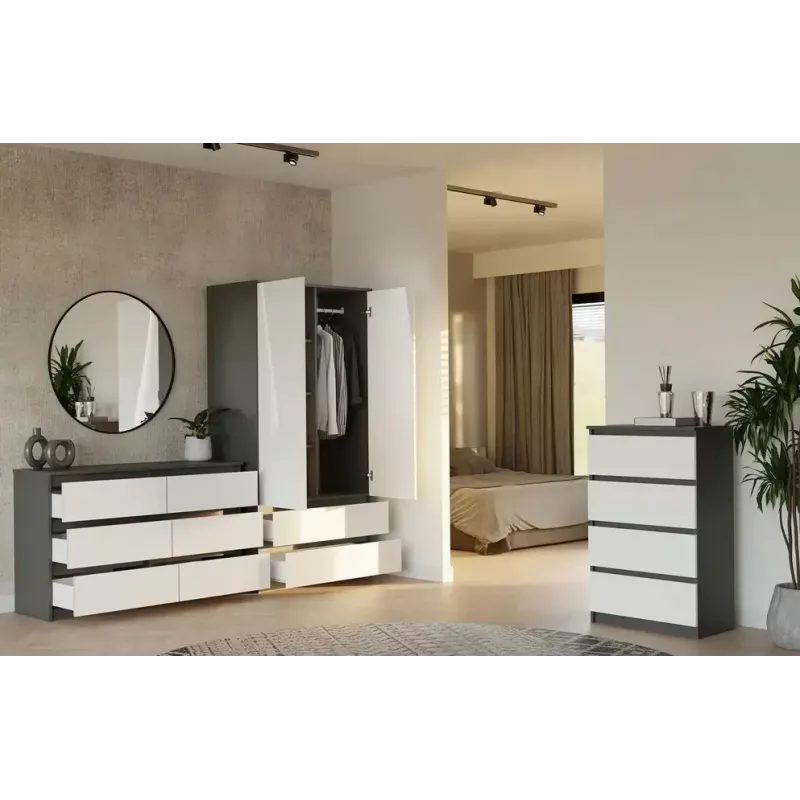 Komoda Top E Shop MALWA M6 120 cm, 6 stalčių, antracitinis korpusas, balti fasadai