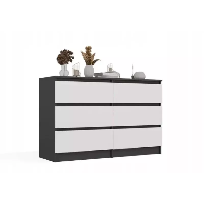 Komoda Top E Shop MALWA M6 120 cm, 6 stalčių, antracitinis korpusas, balti fasadai