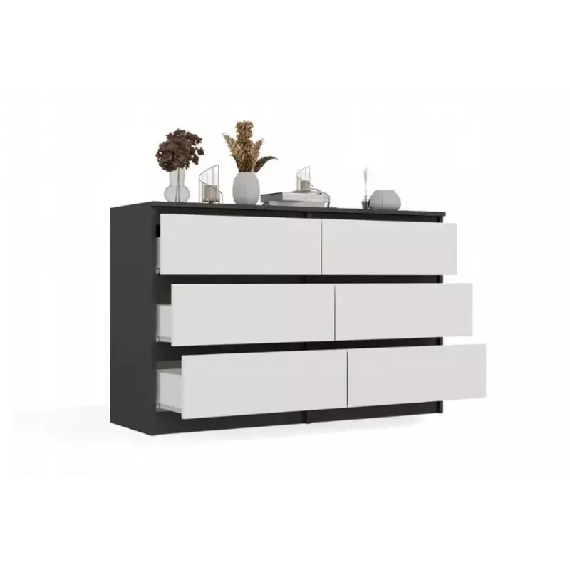 Komoda Top E Shop MALWA M6 120 cm, 6 stalčių, antracitinis korpusas, balti fasadai