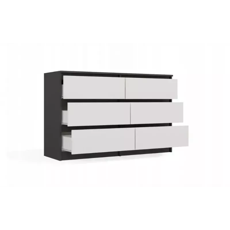 Komoda Top E Shop MALWA M6 120 cm, 6 stalčių, antracitinis korpusas, balti fasadai
